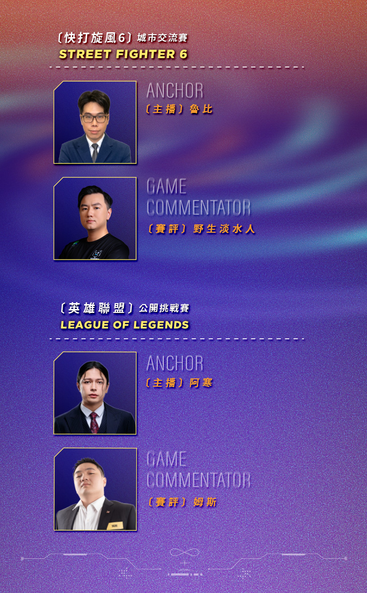 主播賽評陣容：快打旋風6城市交流賽，主持魯比、賽評野生淡水人；英雄聯盟公開挑戰賽，主持阿寒、賽評姆斯。