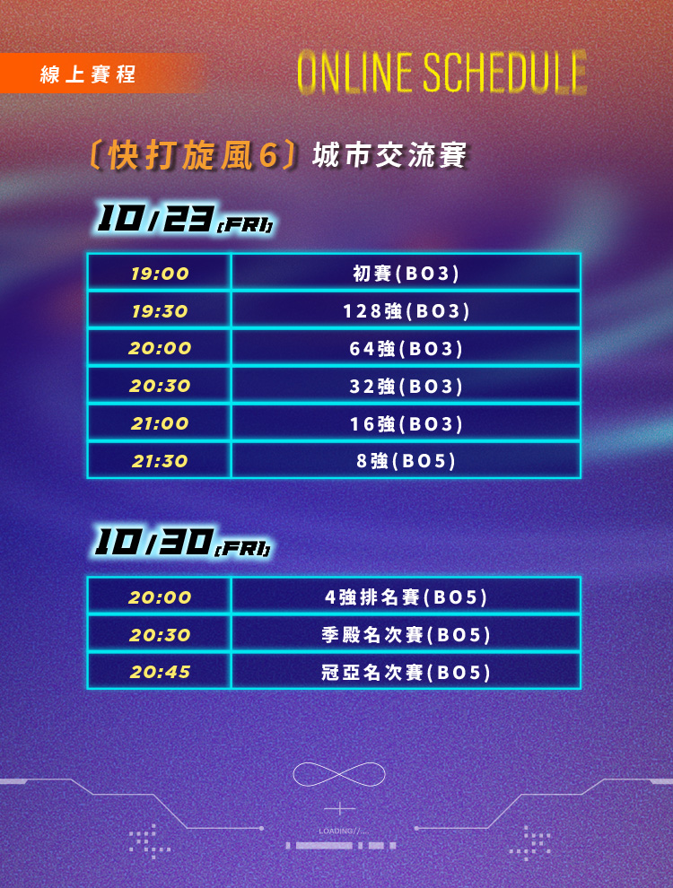 快打旋風6城市交流賽線上賽程：10/23初賽至8強，10/30四強排名賽、季殿名次賽及冠亞名次賽。